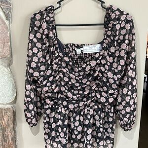 American Eagle Women's Babydoll Top Floral Smocked Size L Long Sleeve Boho